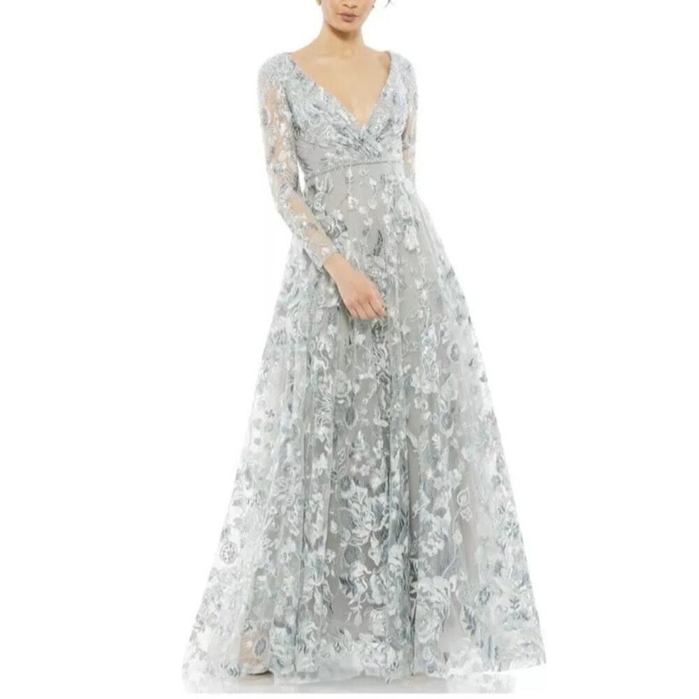 Mac Duggal Dress Size 16 Embellished V Neck Illusion Long Sleeve Gown 67869 $798